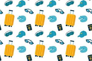 Seamless pattern with yellow suitcase, sunglasses and cap. Flat illustration vector