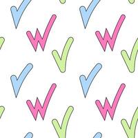 Seamless pattern with multicolored checkmarks in blue, green, and pink alongside stylized W-shapes on white. vector