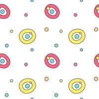 Playful seamless pattern featuring colorful circles, rings, and confetti dots on a white background, ideal for decorations, kids designs, and creative projects. vector