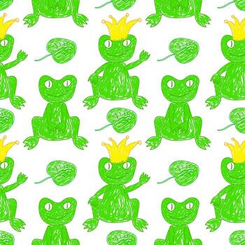 Playful seamless pattern featuring green frogs, some wearing crowns, with lily pads on a white background. vector