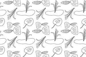 Black and white seamless pattern of a pond with fish, lily pads, and cattails, designed for kids to color and enjoy. vector