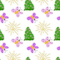 Playful seamless design featuring smiling suns, colorful butterflies, and blooming green bushes in a bright, cheerful style. vector