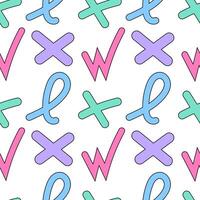 Vibrant seamless pattern featuring multicolored letters, ribbons, and X symbols in playful style on a white background. Ideal for textiles, kids designs, and creative projects. vector