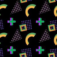 Dynamic abstract pattern featuring green crosses, yellow arcs, pink dotted triangles, and colorful squares on black. vector
