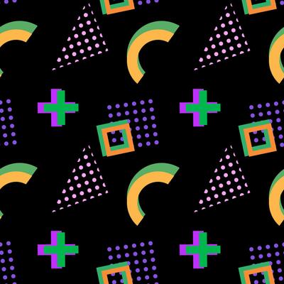 Dynamic abstract pattern featuring green crosses, yellow arcs, pink dotted triangles, and colorful squares on black.