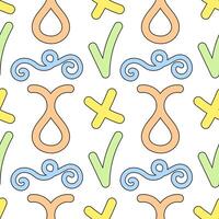 Playful seamless pattern featuring colorful loops, checkmarks, X shapes, and swirls in a vibrant design. Perfect for textiles, wallpapers, and creative projects. vector
