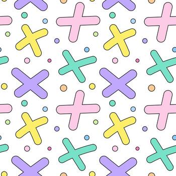 Fun and colorful seamless pattern featuring pastel crosses and scattered confetti dots on a white background. vector