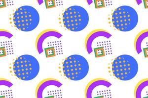 Vibrant geometric pattern with blue circles, yellow dots, purple arcs, and colorful squares on a white background. vector