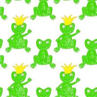 Fun seamless pattern showcasing green frogs, some wearing crowns, in a playful hand-drawn style. Perfect for kids projects, fairytale themes, and whimsical designs. vector