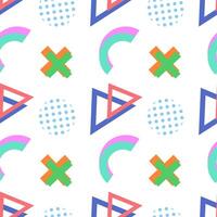 Bright geometric pattern featuring blue triangles, green crosses, pink arcs, and dotted circles on a white background. vector