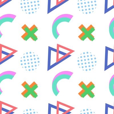 Bright geometric pattern featuring blue triangles, green crosses, pink arcs, and dotted circles on a white background.