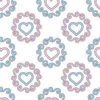 Seamless decorative pattern featuring pink and blue hearts framed with elegant swirling designs on a white background. vector
