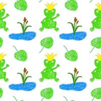 Whimsical seamless pattern featuring green frogs with crowns, ponds, cattails, and lilypads in a playful hand-drawn style, ideal for kids designs and nature-themed projects. vector