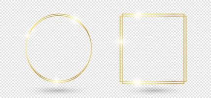 Gold shiny glowing frame with shadows isolated on transparent background. Golden luxury vintage realistic rectangle border. illustration - vector