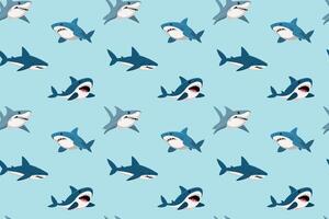 A repeating pattern of cartoon sharks swimming in a light blue ocean background. vector