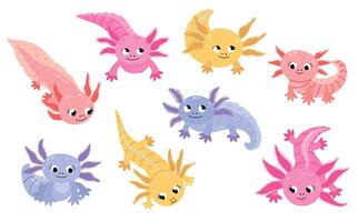 Set of cute stylized axolotls. White background, isolate vector