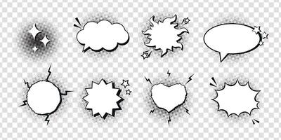 Set of various empty comic speech bubbles decorated with black halftone shadow in pop art style. Different shapes and elements vector