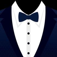 Blue tuxedo suit with geometric pattern and tied bow. Blue festive tuxedo with bow tie vector