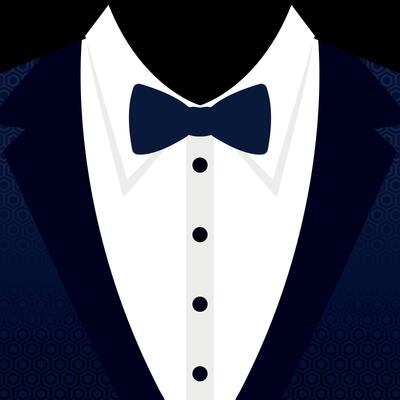 Blue tuxedo suit with geometric pattern and tied bow. Blue festive tuxedo with bow tie