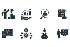 Community Manager activities icons set . Community Manager activities pack symbol elements for infographic web vector