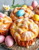 Delightful spring muffins decorated with pastel eggs and drizzled icing showcase festive baking creativity photo