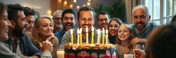 Friends and family celebrate a birthday with joy and laughter around a cake at a cozy gathering photo