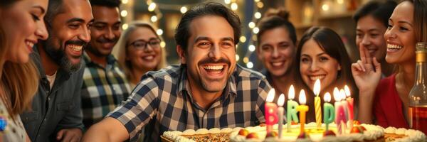 Friends celebrating a joyous birthday party with a large cake and colorful decorations in a festive indoor setting photo