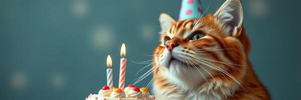 Cat celebrates birthday with cake and candles in festive setting photo