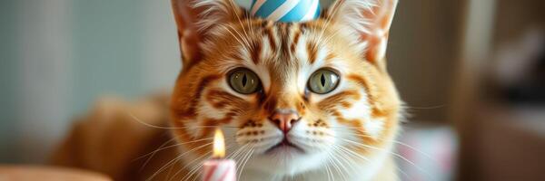 Cat celebrates birthday with party hat and cake in cozy living room setting photo