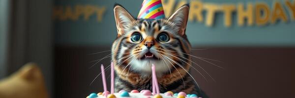 Cat celebrates birthday with colorful cake and festive decorations in a cozy home setting photo