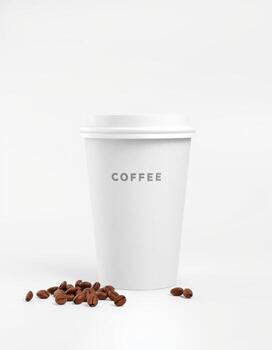 Freshly brewed coffee in a white cup with scattered coffee beans on a plain background photo