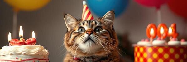 Celebration of a pet birthday with colorful decorations and delicious cakes photo