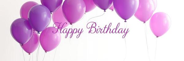 Colorful purple balloons floating above a cheerful birthday greeting in a bright celebration setting photo