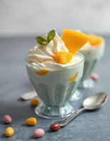 Creamy dessert topped with fresh mango and whipped cream served in glass bowls photo