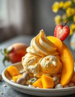 Delightful dessert featuring mango, ice cream, and fresh strawberries served on a brunch table photo