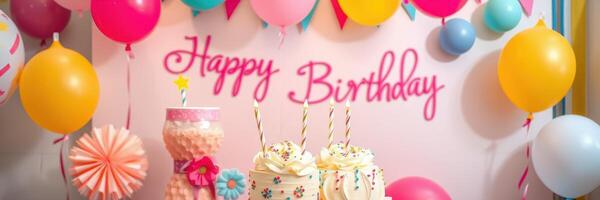 Colorful birthday celebration backdrop featuring cake, balloons, and decorations for a joyful party atmosphere photo