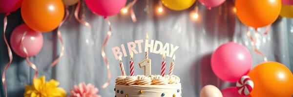 Bright birthday celebration featuring a decorated cake and colorful balloons in a cheerful setting photo