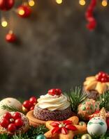 Delicious holiday desserts decorated with festive ornaments and greenery on a festive background photo
