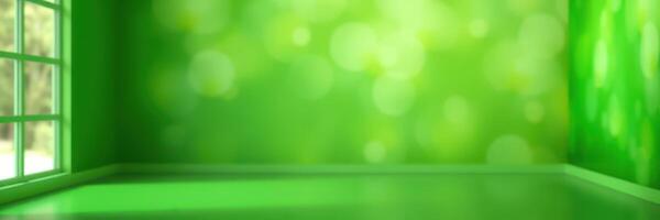 Bright green room with soft lighting and natural elements creating a calming atmosphere photo