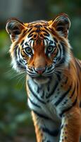 Majestic tiger gazes directly at the viewer in a lush green environment, showcasing its striking orange and black stripes photo