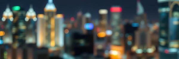 City skyline illuminated by vibrant lights at night with a blurred effect creating a dreamlike atmosphere photo