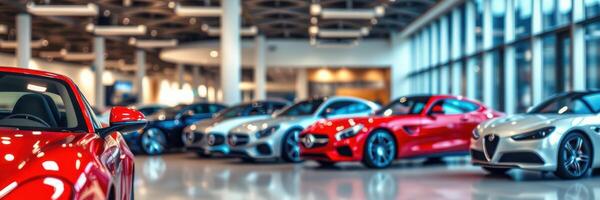 Showroom featuring a variety of luxury sports cars in a modern, well-lit space during daytime hours photo