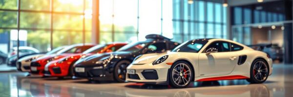 Luxury sports cars displayed in a modern showroom environment with bright natural light photo