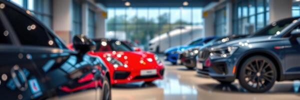 Luxury sports cars displayed in a modern showroom featuring various colors and designs during daylight photo