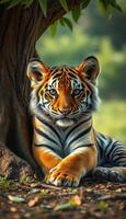 Young tiger resting under a tree in a lush green environment during daylight hours photo