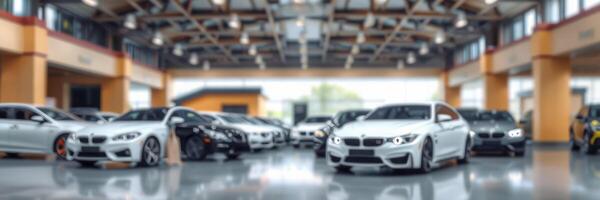 Luxury cars showcased in a modern showroom with bright lighting and spacious design photo