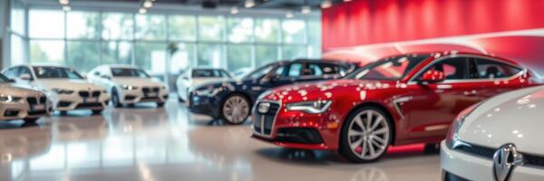 Luxury cars displayed in a modern showroom with bright lighting and sleek designs photo