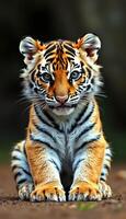 Young tiger sits confidently in the forest with captivating eyes and vibrant fur patterns photo