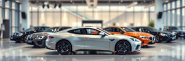 Collection of luxury cars on display in a modern showroom during the day photo