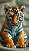Curious tiger cub gazes at the observer in a serene environment, showcasing its playful nature and striking features photo